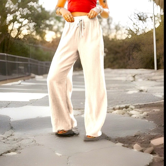 Linen Drawstring High Waisted Casual Loose Fit Wide Long Leg Stretchy Comfy Pant - Picture 3 of 16